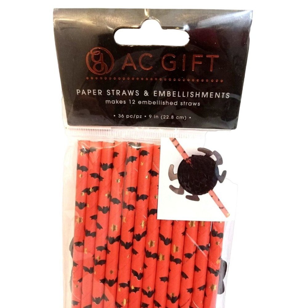 AC Gift Halloween 12 Paper Straws And Embellishments Makes 12 Embellished Straws - Picture 2 of 4